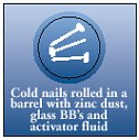 Cold nails rolled in a barrel with zinc dust, glass BB's and activator fluid