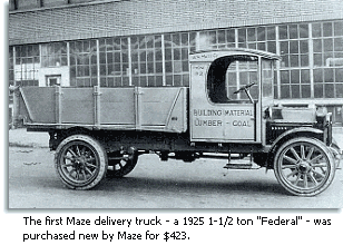 The first delivery truck - a 1925 1-1/2 ton "Federal" - was purchased new by Maze Nails for $423.